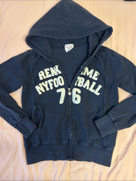 PINK Victoria's Secret Tops - Y2K PINK Navy Zip-Up Hoodie with Varsity logo and heart zipper